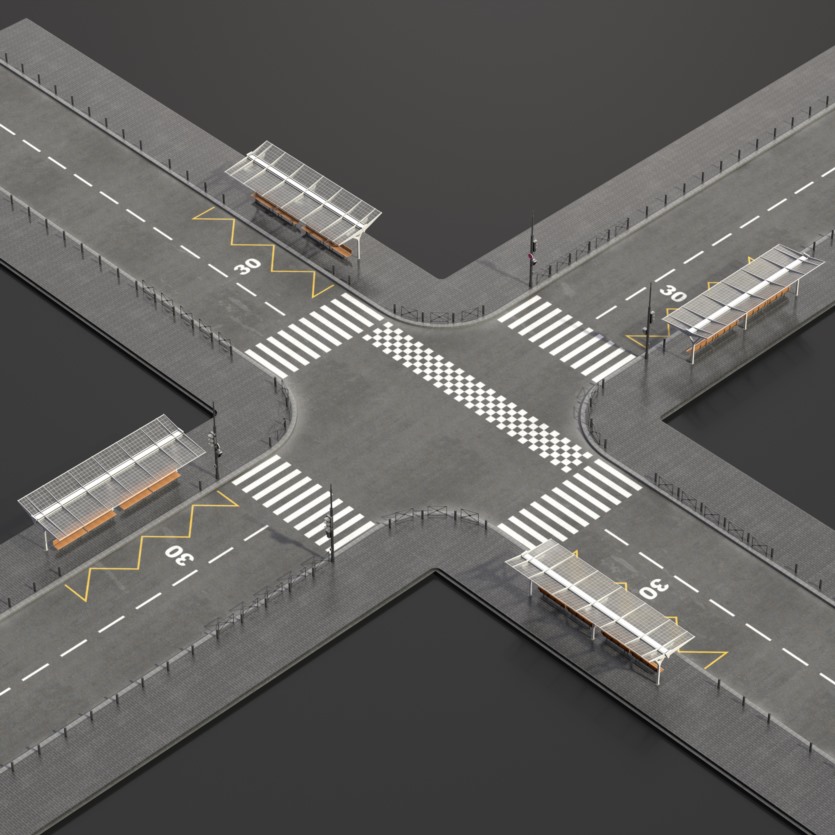 街道人行道红绿灯公交车站3D模型 Gray Street 3D Model