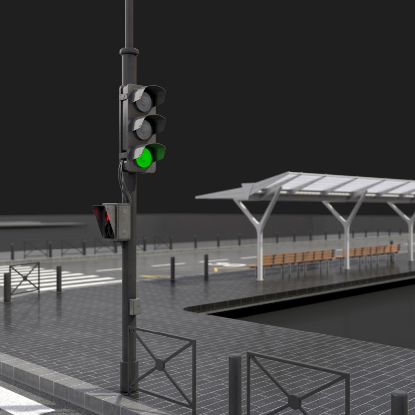 街道人行道红绿灯公交车站3D模型 Gray Street 3D Model