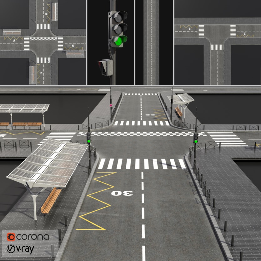 街道人行道红绿灯公交车站3D模型 Gray Street 3D Model