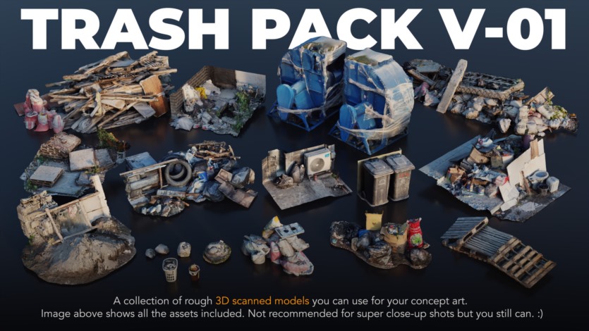 建筑工地、垃圾、废物、板条箱和废木材3D模型 Trash Pack V-01-04 - 3D scanned Kitbash assets