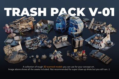建筑工地、垃圾、废物、板条箱和废木材3D模型 Trash Pack V-01-04 – 3D scanned Kitbash assets