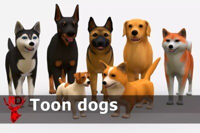 Unity牧羊犬秋田犬柯基犬哈士奇犬杜宾犬猎犬模型资产 Toon dogs pack v1.0