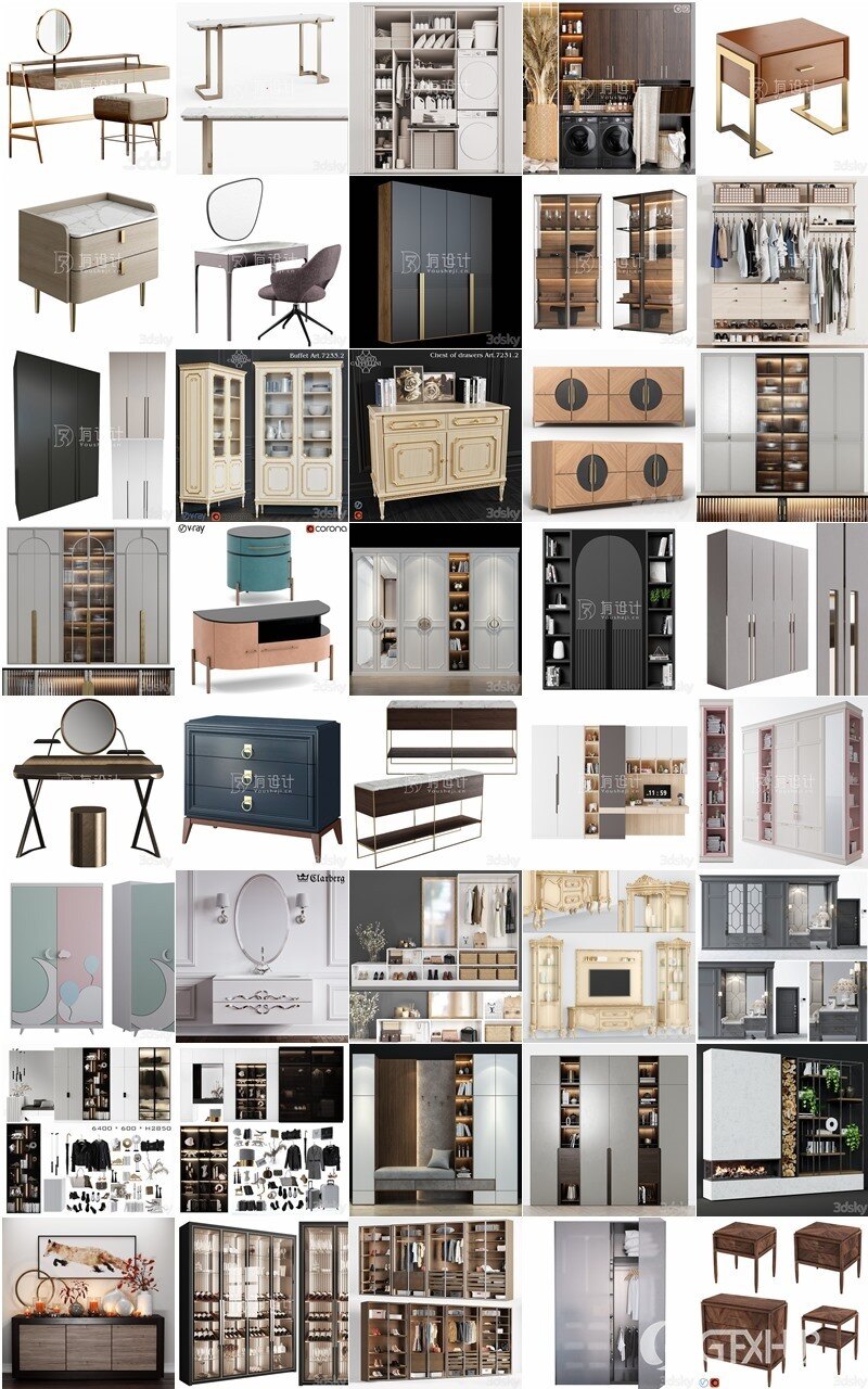 3DSky Pro 100个衣柜装饰柜梳妆台3D模型合集