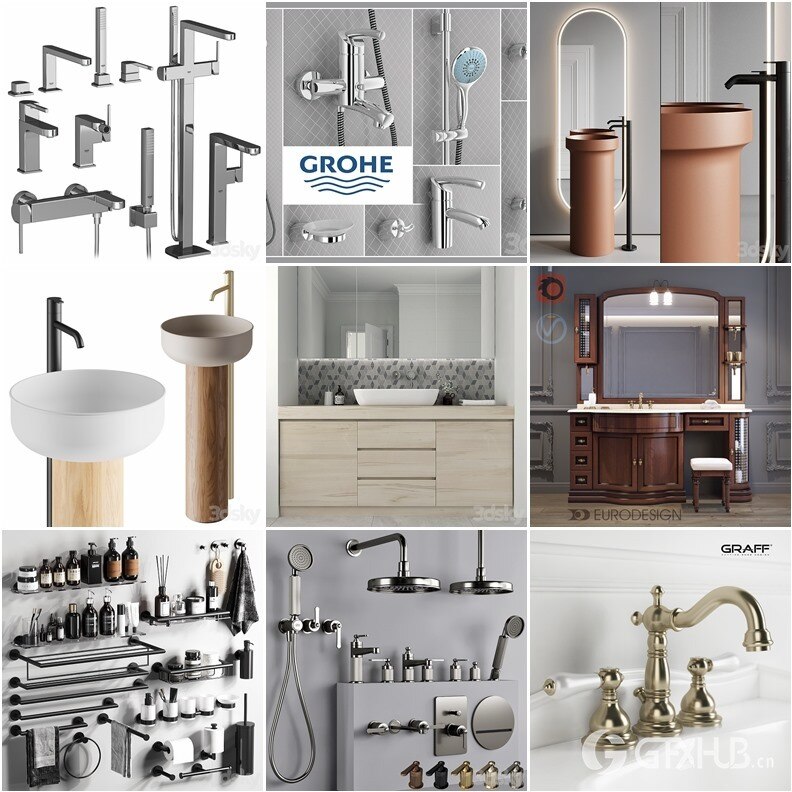 3Dsky Pro 118套卫生间花洒台盆淋浴洗漱品3D模型合集