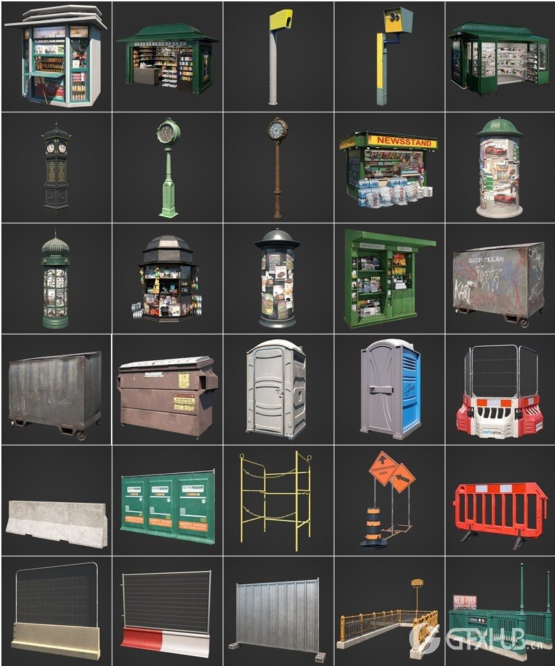 街道户外垃圾箱报亭广告柱栏杆公共交通站点等 Evermotion – Archmodels vol.246