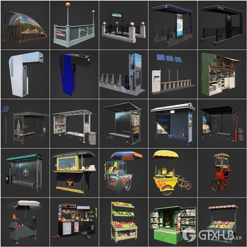 街道户外垃圾箱报亭广告柱栏杆公共交通站点等 Evermotion – Archmodels vol.246