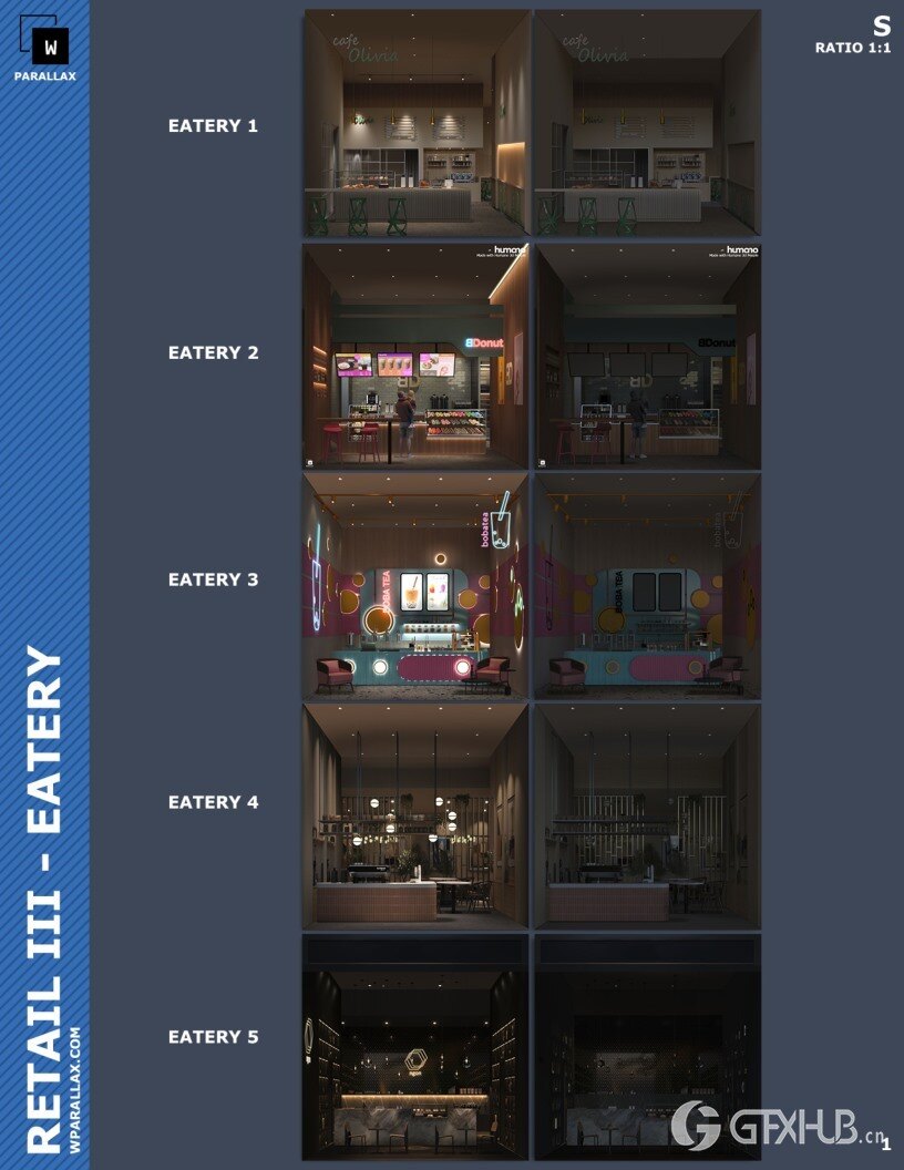 咖啡馆餐厅EXROSL3D透视贴图 wParallax Retail Pack 3 - Eatery