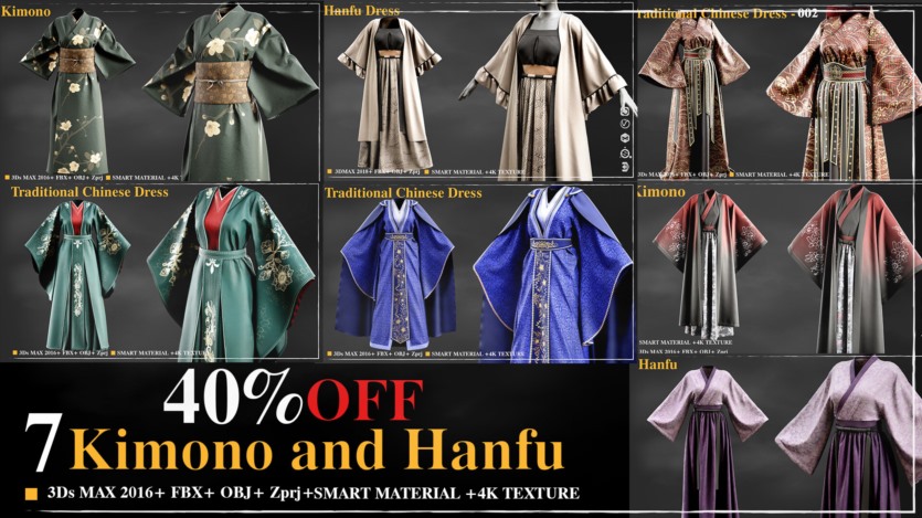 7套和服和汉服3D模型/4k 纹理/智能材质 7 Kimono and Hanfu dress /Marvelous Designer / 4k Textures/Smart material