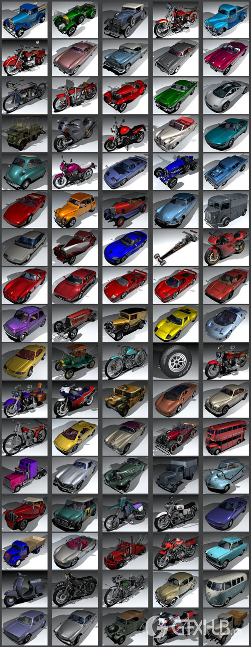 83个老式汽车和摩托车C4D模型 Vintage Modern Cars And Bikes for C4D