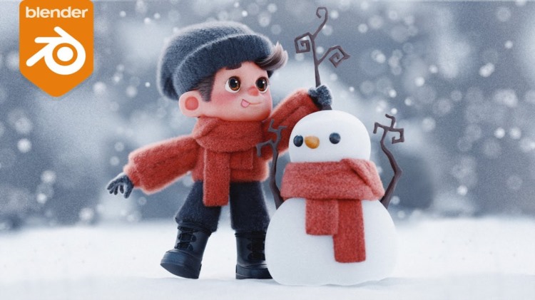 Blender卡通小孩雪人角色3D模型资产预设 Sticks & Snow