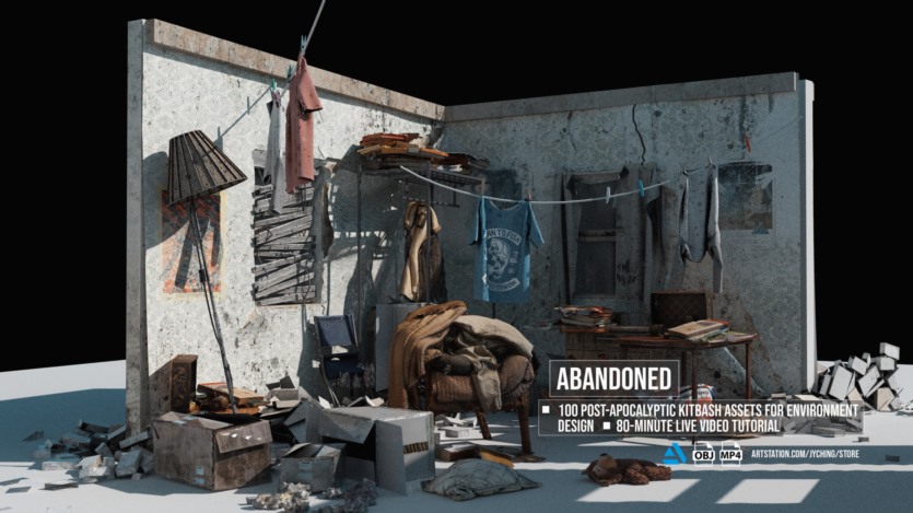 100组废墟垃圾家具物品3D模型 Artstation – Post-Apocalyptic Kitbash Set & Tutorial
