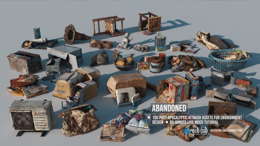 100组废墟垃圾家具物品3D模型 Artstation – Post-Apocalyptic Kitbash Set & Tutorial