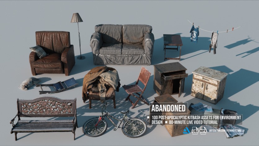 100组废墟垃圾家具物品3D模型 Artstation – Post-Apocalyptic Kitbash Set & Tutorial