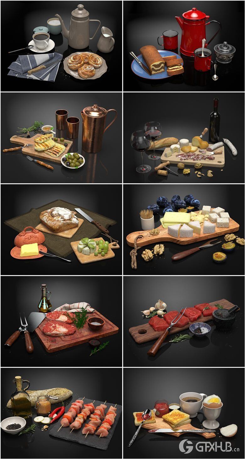 20个高度详细食品餐具3D模型 Evermotion – Archmodels vol. 217