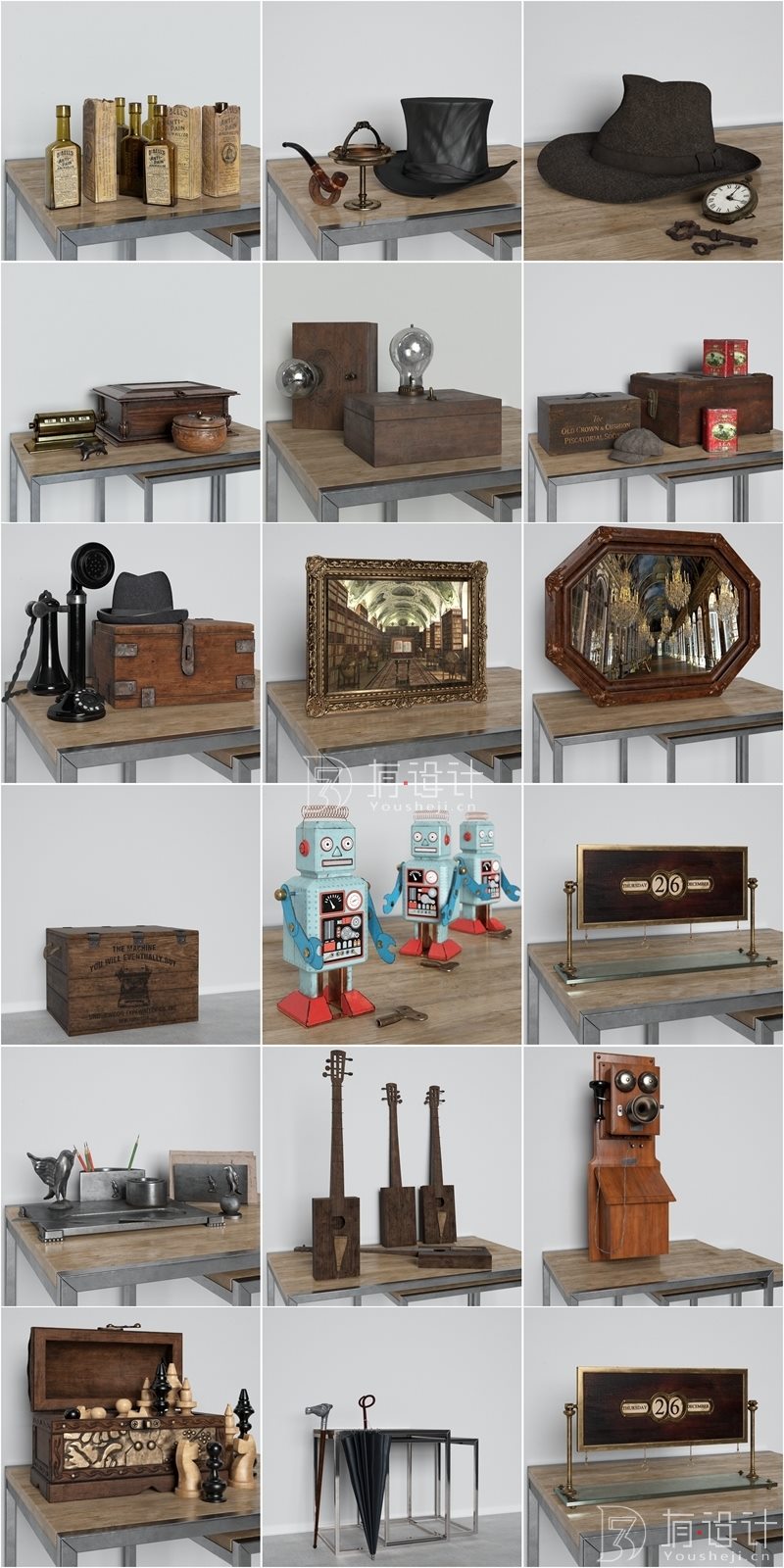 32 套复古道具、旧玩具、容器、眼镜、电话、留声机3D模型 Evermotion – Archmodels Vol. 194