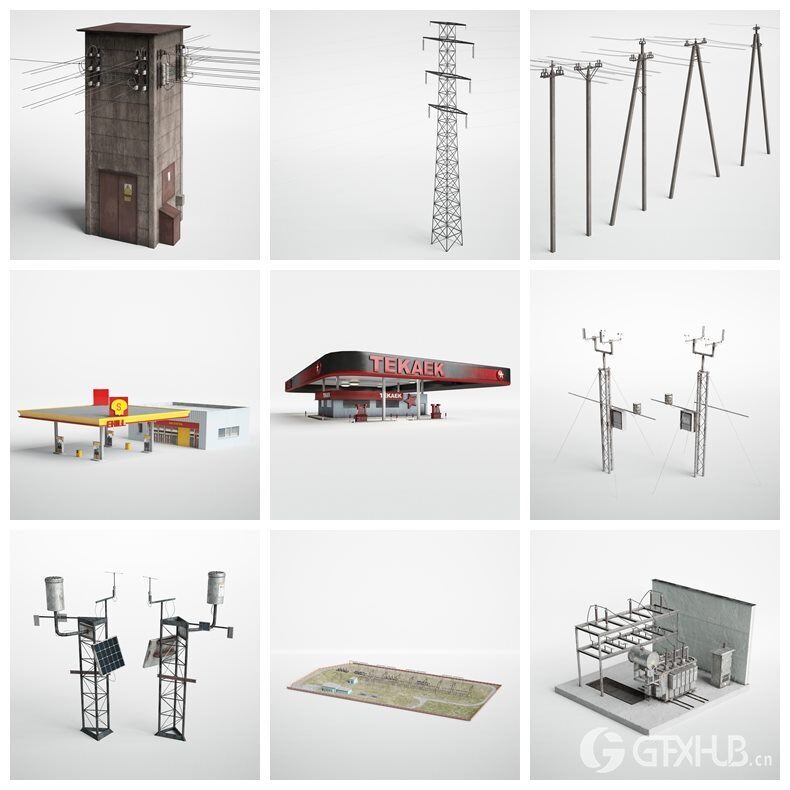 37个天线、能源杆、发电站和加油站3D模型 Evermotion - Archmodels Vol. 227