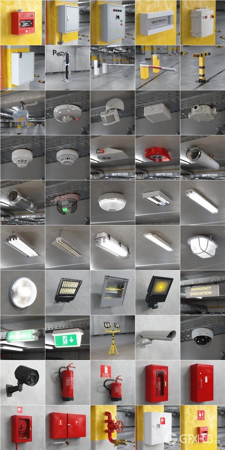 66 个灯光、电气设备、火灾报警器、空调、摄像头工业3D模型 Evermotion - Archmodels Vol. 218