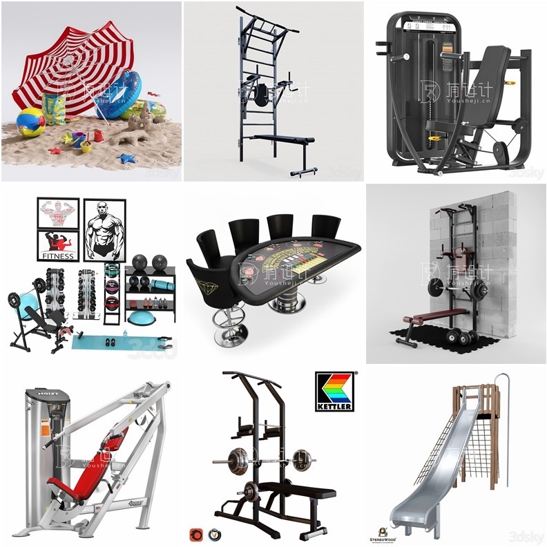 3DSky Pro 85套健身器械休闲娱乐儿童游乐设施3D模型