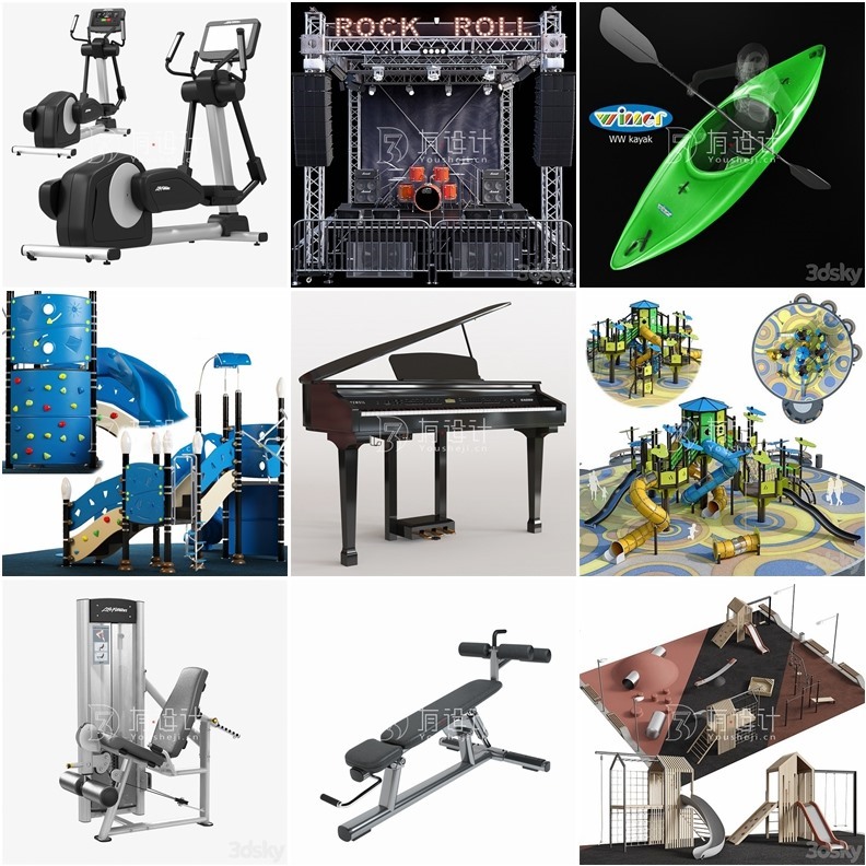 3DSky Pro 85套健身器械休闲娱乐儿童游乐设施3D模型