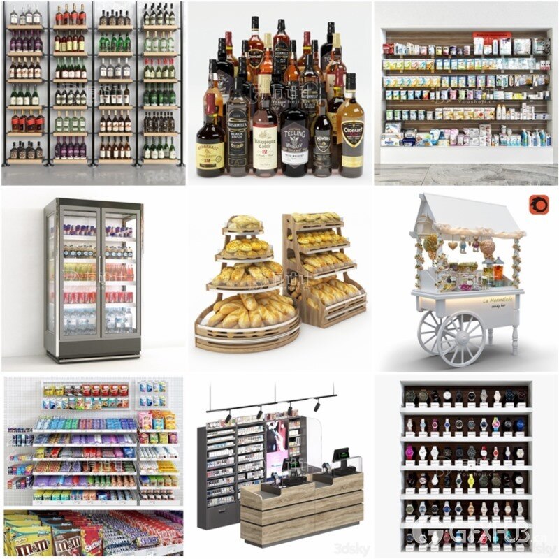 3DSky Pro 68套超市货架食品素菜饮料杂货3D模型合集
