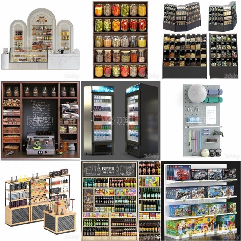 3DSky Pro 68套超市货架食品素菜饮料杂货3D模型合集