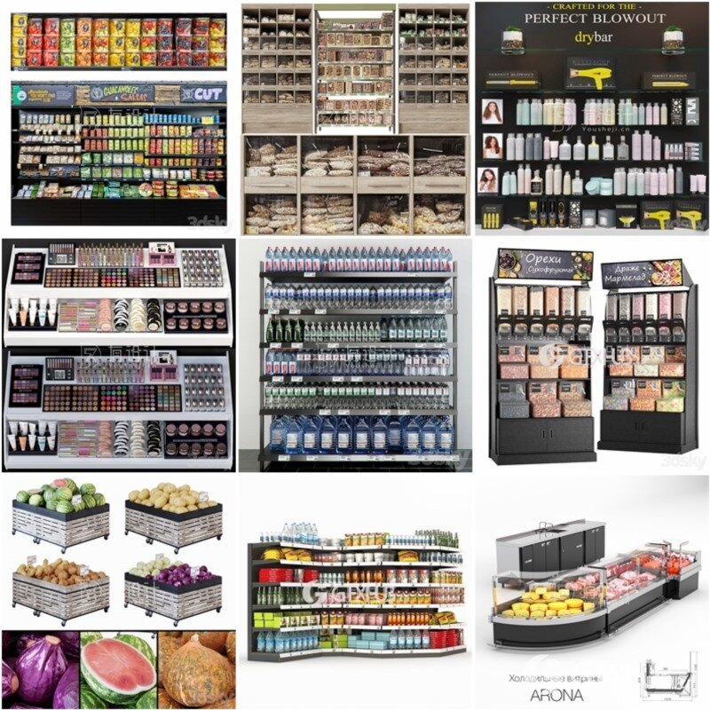 3DSky Pro 68套超市货架食品素菜饮料杂货3D模型合集
