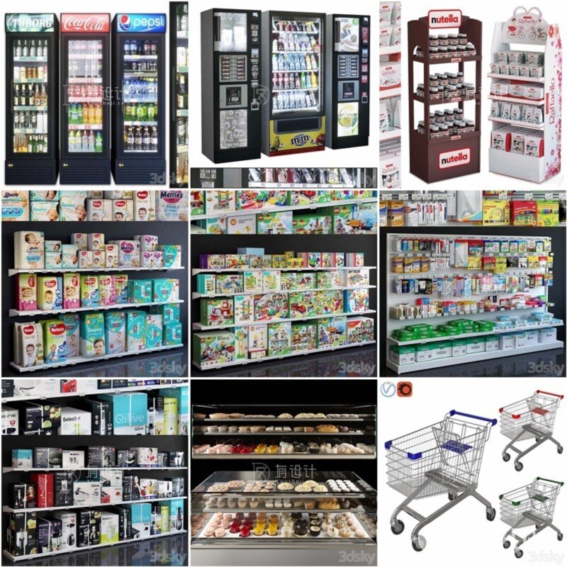 3DSky Pro 68套超市货架食品素菜饮料杂货3D模型合集