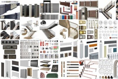 3DSky Pro 225套栏杆楼梯门窗五金构件3Dmax模型合集