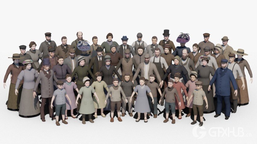 19世纪欧洲三维角色人物3D模型 3D 19th century low poly crowd with Anima file model