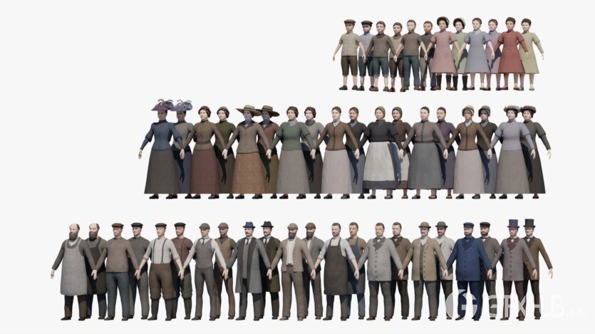 19世纪欧洲三维角色人物3D模型 3D 19th century low poly crowd with Anima file model