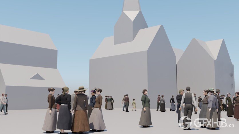 19世纪欧洲三维角色人物3D模型 3D 19th century low poly crowd with Anima file model