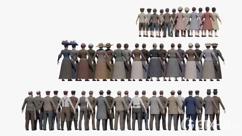 19世纪欧洲三维角色人物3D模型 3D 19th century low poly crowd with Anima file model