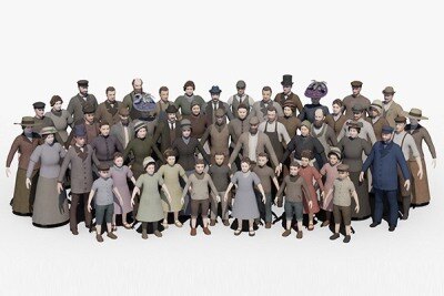 19世纪欧洲三维角色人物3D模型 3D 19th century low poly crowd with Anima file model