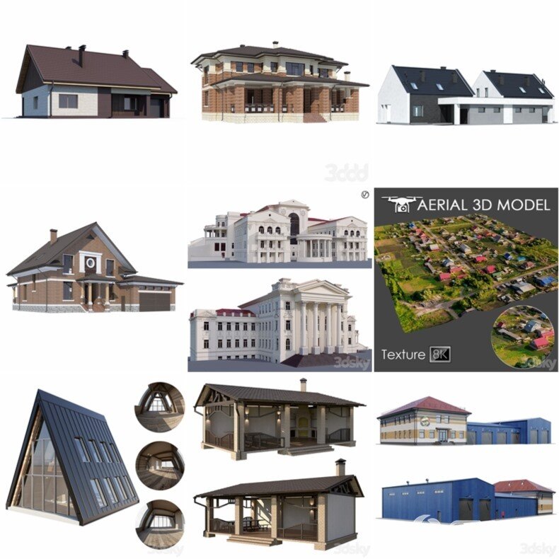 3DSky Pro 100套国外高精度建筑住宅别墅厂房建筑小品3D模型合集