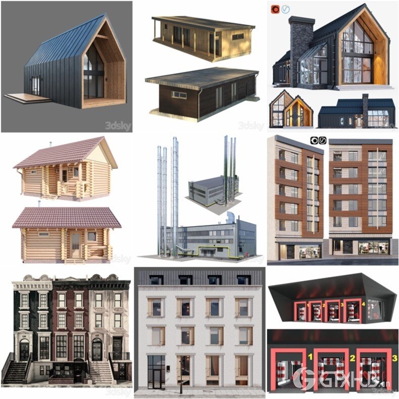 3DSky Pro 100套国外高精度建筑住宅别墅厂房建筑小品3D模型合集