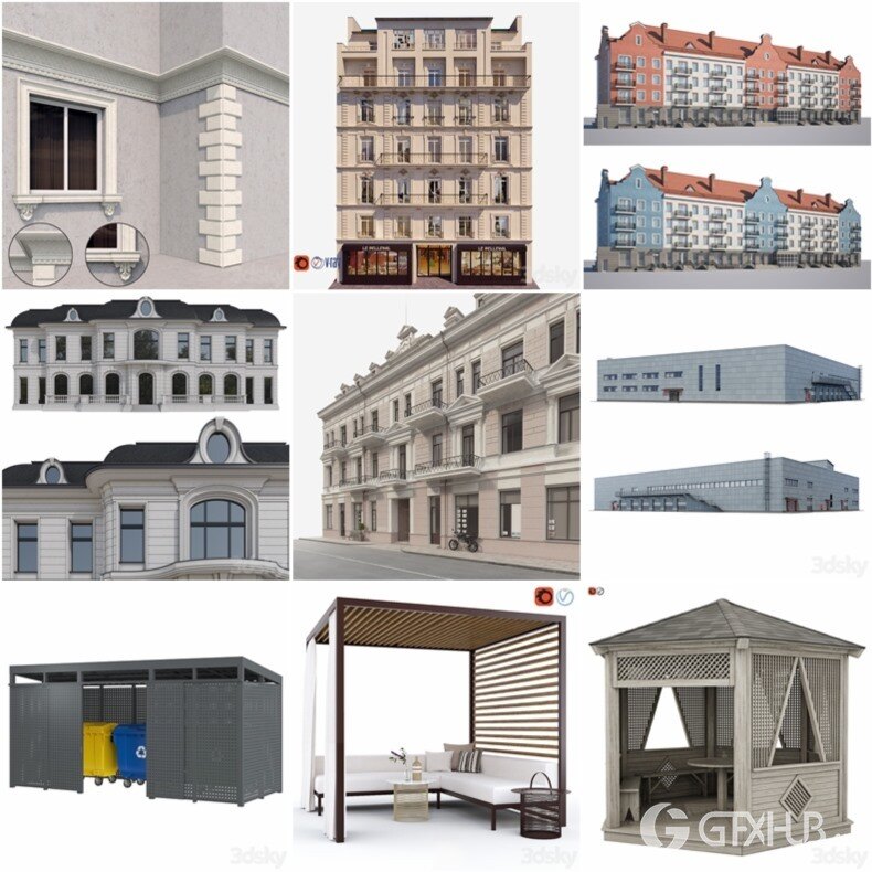 3DSky Pro 100套国外高精度建筑住宅别墅厂房建筑小品3D模型合集