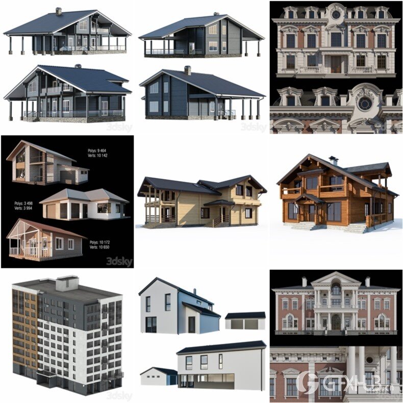 3DSky Pro 100套国外高精度建筑住宅别墅厂房建筑小品3D模型合集
