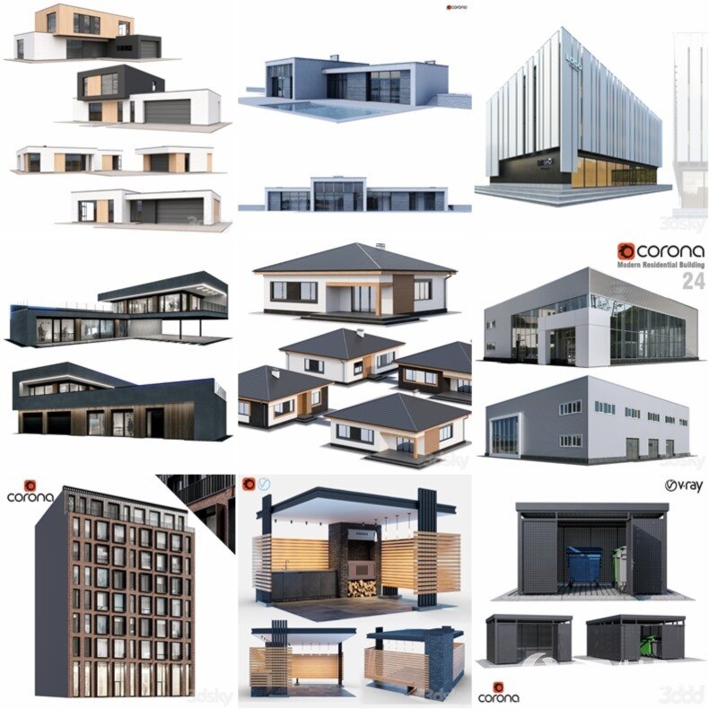 3DSky Pro 100套国外高精度建筑住宅别墅厂房建筑小品3D模型合集