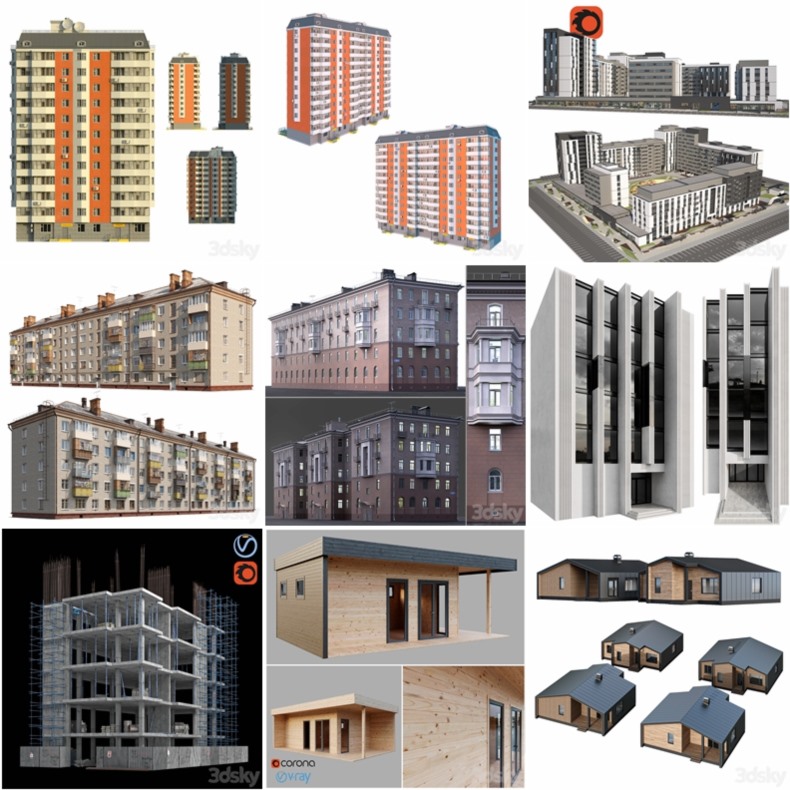 3dsky Pro 100套国外高精度建筑住宅别墅厂房建筑小品3d模型合集