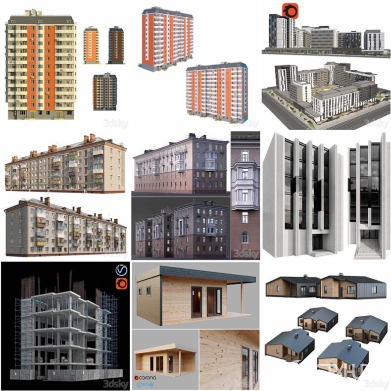 3DSky Pro 100套国外高精度建筑住宅别墅厂房建筑小品3D模型合集