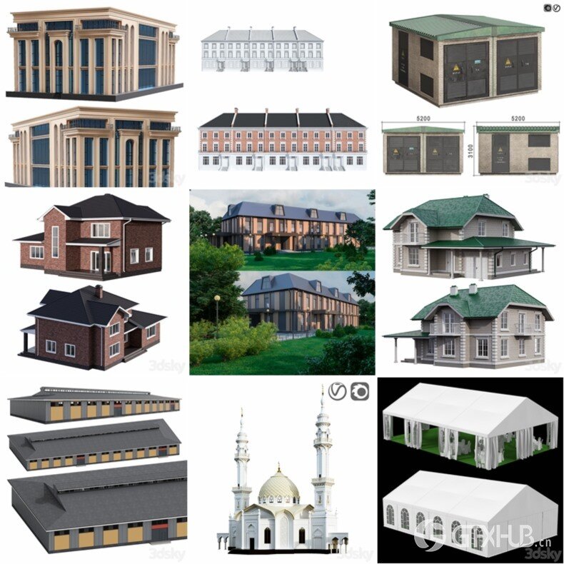 3DSky Pro 100套国外高精度建筑住宅别墅厂房建筑小品3D模型合集