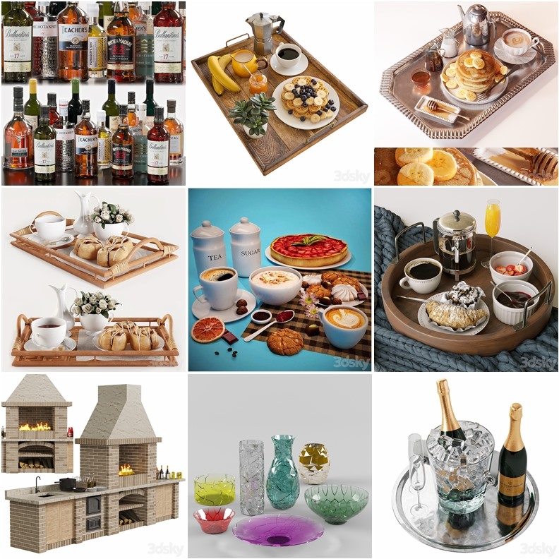 3DSky Pro 144套酒水饮料食品锅碗瓢盆水槽厨房装饰3D模型合集