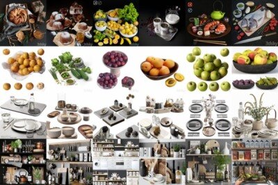 3DSky Pro 144套酒水饮料食品锅碗瓢盆水槽厨房装饰3D模型合集