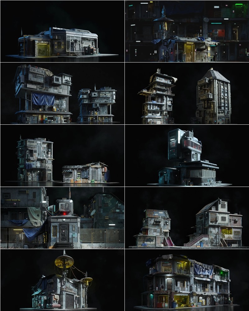 未来贫民窟破旧楼房城市建筑街道公共设施3D模型Unreal格式 Kitbash3D - Future Slums 2