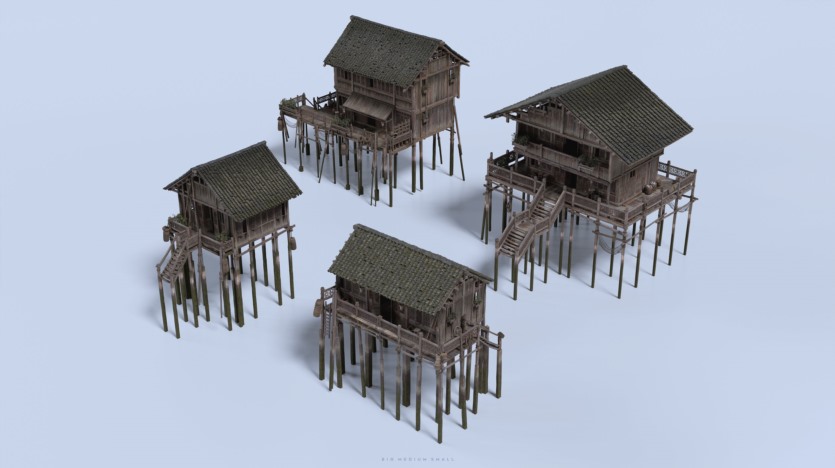 中国风水乡渔村人物角色村庄木屋建筑生活元素3D模型 Big Medium Small – Water Village（更新）