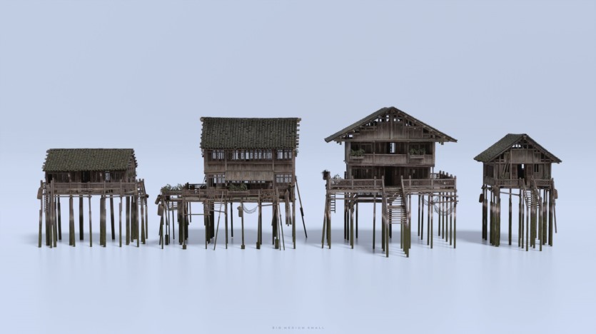 中国风水乡渔村人物角色村庄木屋建筑生活元素3D模型 Big Medium Small – Water Village（更新）