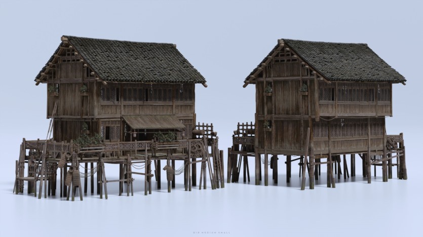 中国风水乡渔村人物角色村庄木屋建筑生活元素3D模型 Big Medium Small – Water Village（更新）