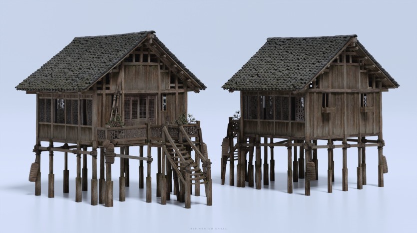 中国风水乡渔村人物角色村庄木屋建筑生活元素3D模型 Big Medium Small – Water Village（更新）