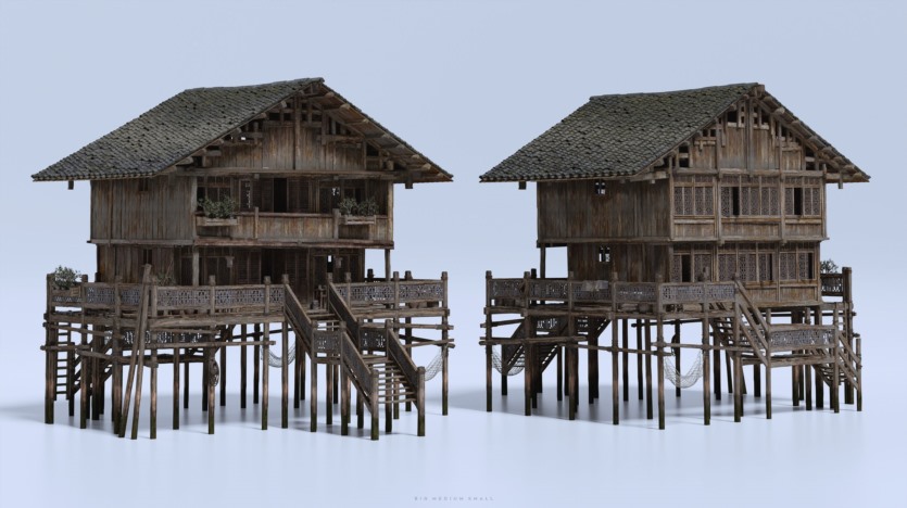 中国风水乡渔村人物角色村庄木屋建筑生活元素3D模型 Big Medium Small – Water Village（更新）