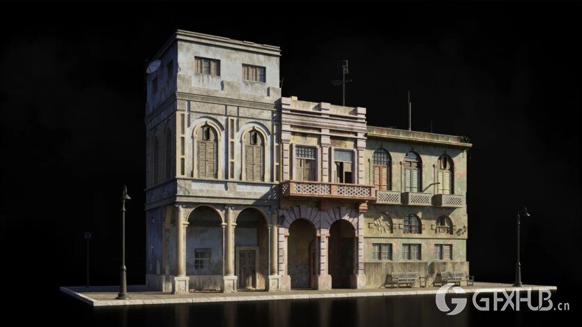 古巴哈瓦那城市楼房建筑3D模型 Kitbash3D – Havana Nights (格式C4D/Blender/FBX/OBJ)